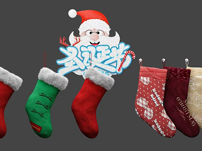 Festive Christmas Stockings In Various Colors And Patterns With Santa Claus 3d model
