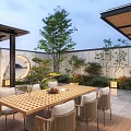Modern Garden Landscape with Pavilion Dining Set Pine Tree Circular Painting Stone Floor and Lantern