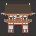 Traditional Red Architectural Gate With Brown Curved Roof And Ornate Decorative Elements