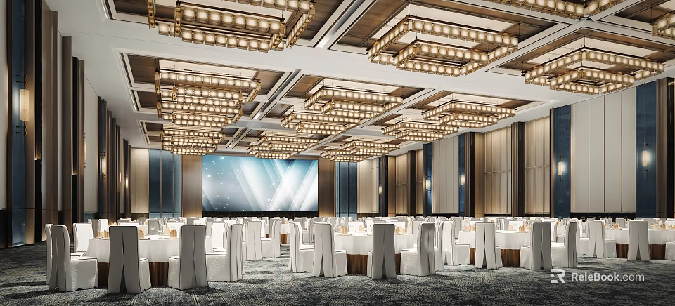 Luxurious Banquet Hall Interior With Elegant Chandeliers Large Screen And White Tables Chairs 3d model 