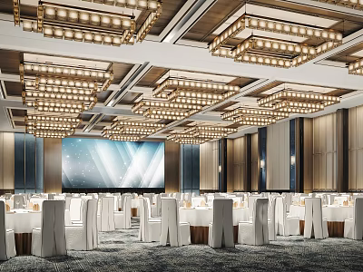 Luxurious Banquet Hall Interior With Elegant Chandeliers Large Screen And White Tables Chairs 3d model