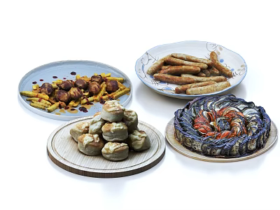 Assorted Delicious Food Plates Including Fried Snacks Dim Sum And Seafood 3d model