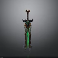 Ornate Fantasy Sword With Horned Hilt Green Glowing Blade And Red Black Accents