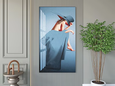 Elegant Portrait Painting Of Woman In Blue Dress With Hat And Window Background 3d model