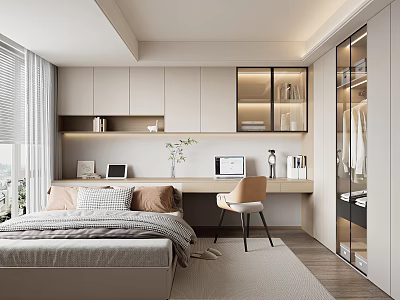 Modern Tatami Bedroom Interior Design With Natural Light Desk Chair And Wardrobe 3d model