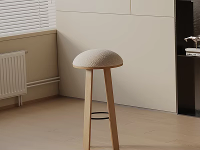 Light Colored Modern Bar Stool With Wooden Legs And Round Padded Seat In Indoor Corner 3d model