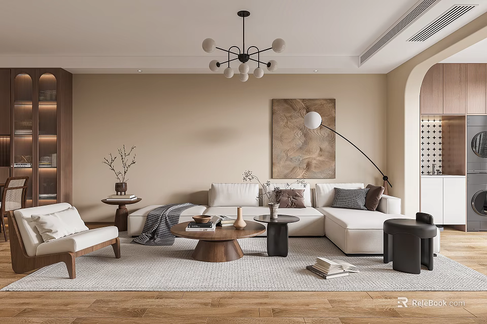 Warm Modern Beige Living Room With Natural Wood Furniture And Comfortable Large Sofa Interior Design 3d model 
