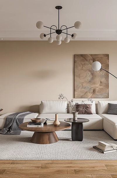 Warm Modern Beige Living Room With Natural Wood Furniture And Comfortable Large Sofa Interior Design 3d model