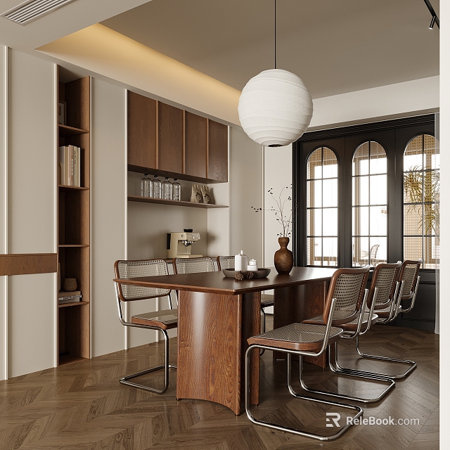 Modern Dining Room Interior With Wooden Table Leather Chairs Bookshelf Pendant Light And Arched Windows 3d model 