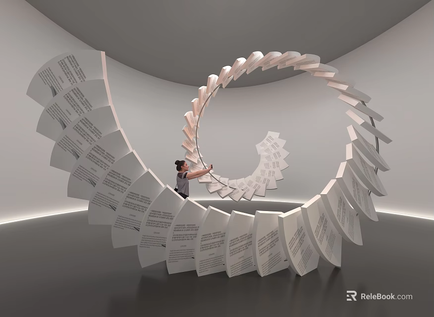 Spiral Art Installation With Text Covered Panels In Indoor Gallery Space 3d model 