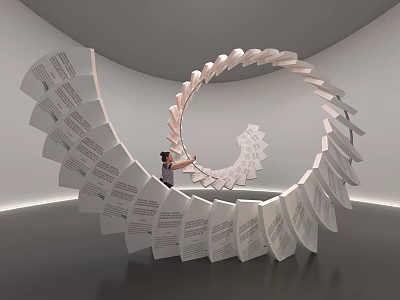 Spiral Art Installation With Text Covered Panels In Indoor Gallery Space 3d model