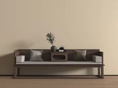 Traditional Chinese Style Wooden Daybed with Gray Cushions Small Table and Plant Vase 3d model