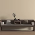 Traditional Chinese Style Wooden Daybed with Gray Cushions Small Table and Plant Vase