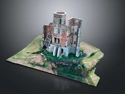 Ruined Red Brick Building 3D Model With Collapsed Walls Grass And Scattered Bricks 3d model