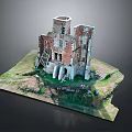 Ruined Red Brick Building 3D Model With Collapsed Walls Grass And Scattered Bricks