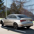 Silver Audi Sedan Parked On Roadside With Wooden Building Background And Alloy Wheels