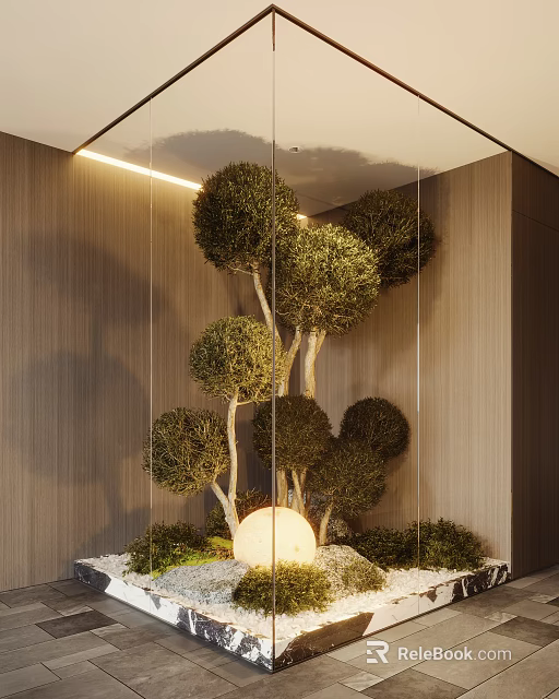 Stylish Indoor Landscape With Trimmed Rounded Trees Glass Partition Wooden Wall Pebbles And Decorative Light 3d model 