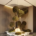 Stylish Indoor Landscape With Trimmed Rounded Trees Glass Partition Wooden Wall Pebbles And Decorative Light