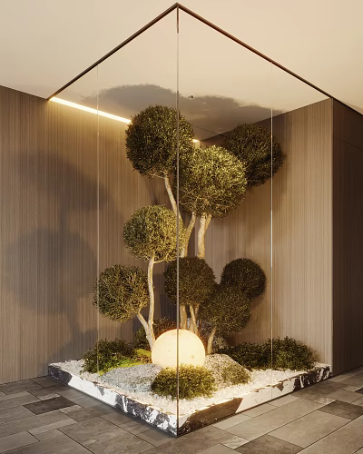 Stylish Indoor Landscape With Trimmed Rounded Trees Glass Partition Wooden Wall Pebbles And Decorative Light 3d model