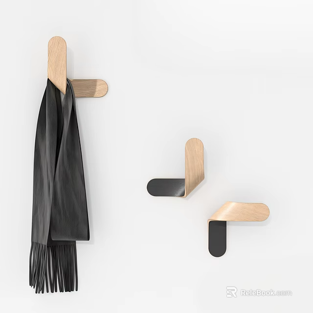Modern Wooden Coat Hanger Design With Hanging Black Scarf And Hooks 3d model 