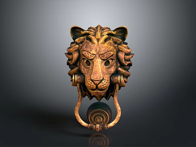 Decorative Lion Head Door Knocker With Brass Finish And Intricate Details 3d model