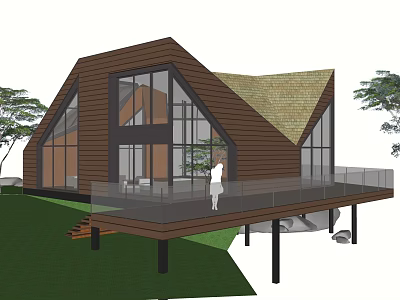 Modern Wooden House Exterior With Large Windows Glass Railings Deck And Green Lawn Trees 3d model