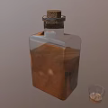 Square Glass Bottle With Cork Stopper Brown Liquid And Small Glass On Brown Background