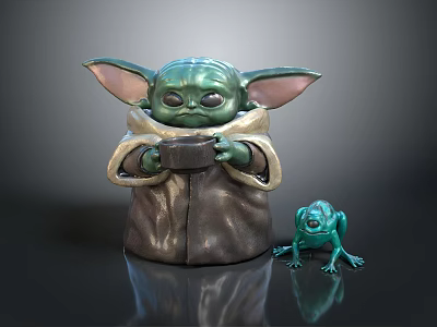 Green Character Figurine With Large Ears Brown Cloak Holding Small Object And Green Frog Figurine 3d model