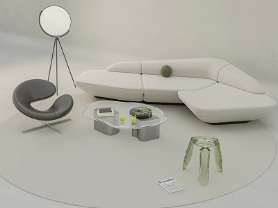 Modern White Curved Sofa And Glass Coffee Table Set With Accent Chair And Floor Lamp 3d model