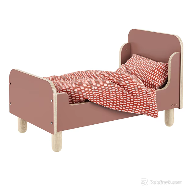 Cute Kids Bed with Pink Headboard Light Wooden Legs and Red Polka Dot Bedding 3d model 