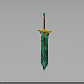 Green Blade Sword With Golden Hilt Brown Handle And Decorative Gemstone Design For Fantasy Weapon