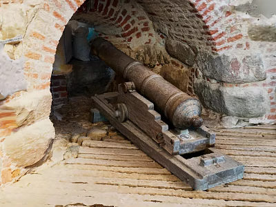 Ancient Cannon In Historical Stone Fortress With Brick Archway Structure 3d model
