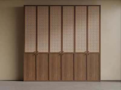 Modern Wooden Bookcase Interior With Perforated Panels And Cabinet Doors 3d model