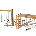 Wooden Playground Equipment with Swings Climbing Net and Children Playing