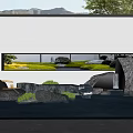Elegant Scenic Feature Wall With Water Fountain Natural Stones Green Plants And Mountain View