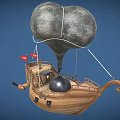Cartoon Flying Ship Scene With Gray Balloon Wooden Hull Red Flag And Metal Ball