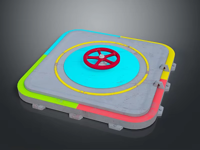 Concrete Round Mechanical Gate With Red Wheel And Colorful Borders In Blue Yellow Green Red 3d model