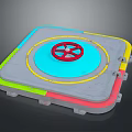Concrete Round Mechanical Gate With Red Wheel And Colorful Borders In Blue Yellow Green Red