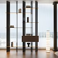 Modern Room Divider Shelf With Decorative Items Floor Lamp And Window Blinds