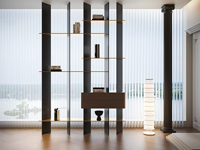 Modern Room Divider Shelf With Decorative Items Floor Lamp And Window Blinds 3d model