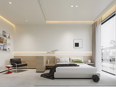 Modern Bedroom Interior With White Walls Bed Black Chair Photo Wall And Large Window 3d model