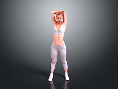 Fit Woman Stretching Arms Overhead in Sports Bra and Athleisure Pants on Neutral Background 3d model