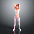 Fit Woman Stretching Arms Overhead in Sports Bra and Athleisure Pants on Neutral Background