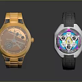 Fashionable Wristwatches With Gold And Black Leather Straps And Colorful Mechanical Dials