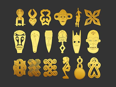 Golden African Tribal Masks and Totem Symbols Decorative Art Collection 3d model