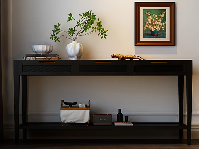 Black Console Table With White Vase Green Plant Books And Brown Frame Floral Painting 3d model