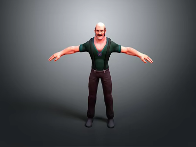 Bald Man Standing In Green T-Shirt And Brown Pants With Arms Outstretched Against Gray Background 3d model