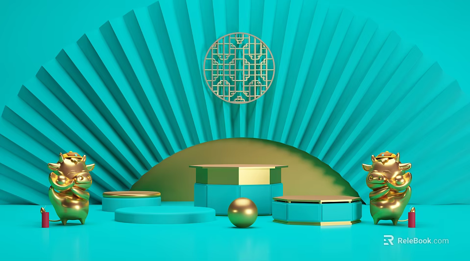 Blue Background With Fan Shaped Structure And Golden Pig Figurines Display Platforms 3d model 