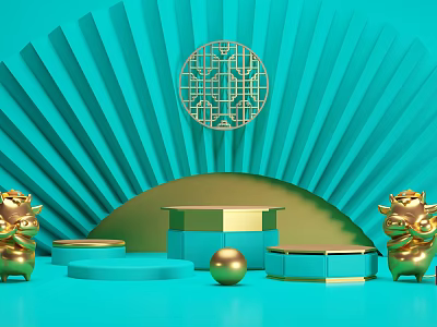 Blue Background With Fan Shaped Structure And Golden Pig Figurines Display Platforms 3d model