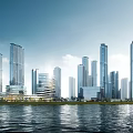 Modern Waterfront Commercial Complex With High Rise Buildings And Urban Skyline